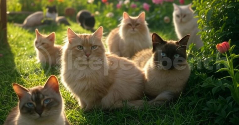 dreaming of cats realistic image of group of cats in a garden morning daylight